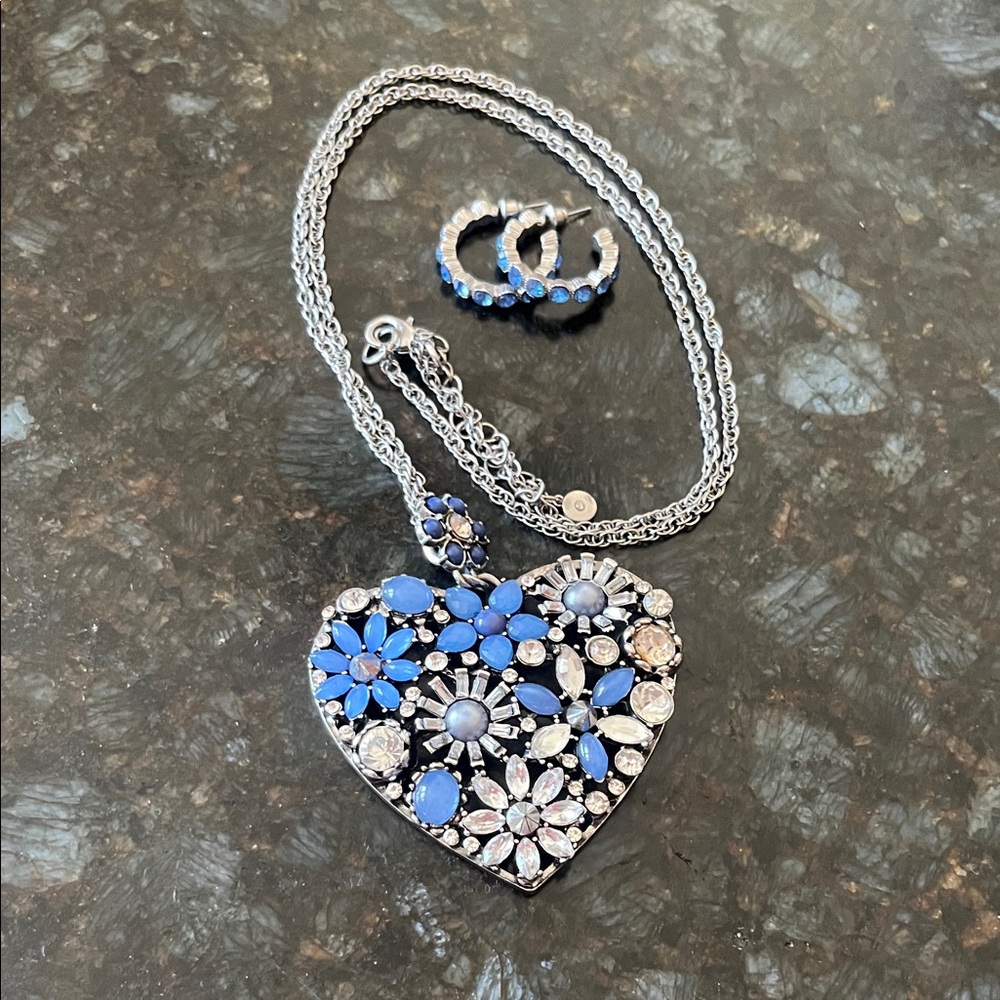Cato Blue Rhinestone Heart Statement Necklace & Hoop Earrings Jewelry Set